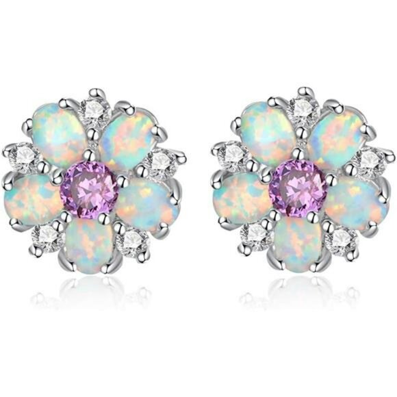 Opal Flower Stud Earrings Sterling Silver Cute Jewelry Gift for Women Girls - Picture 1 of 7